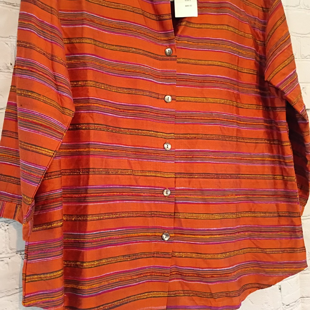 Chicos Design Inca Stripe Silk Blend Button Down Shirt Vtg Orange Multi Size 2 - Picture 3 of 8